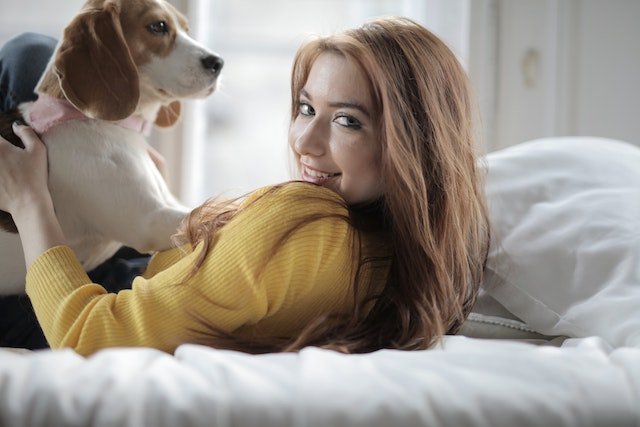 Woman in Yellow Sweater Hugging White and Brown Short Coated Dog