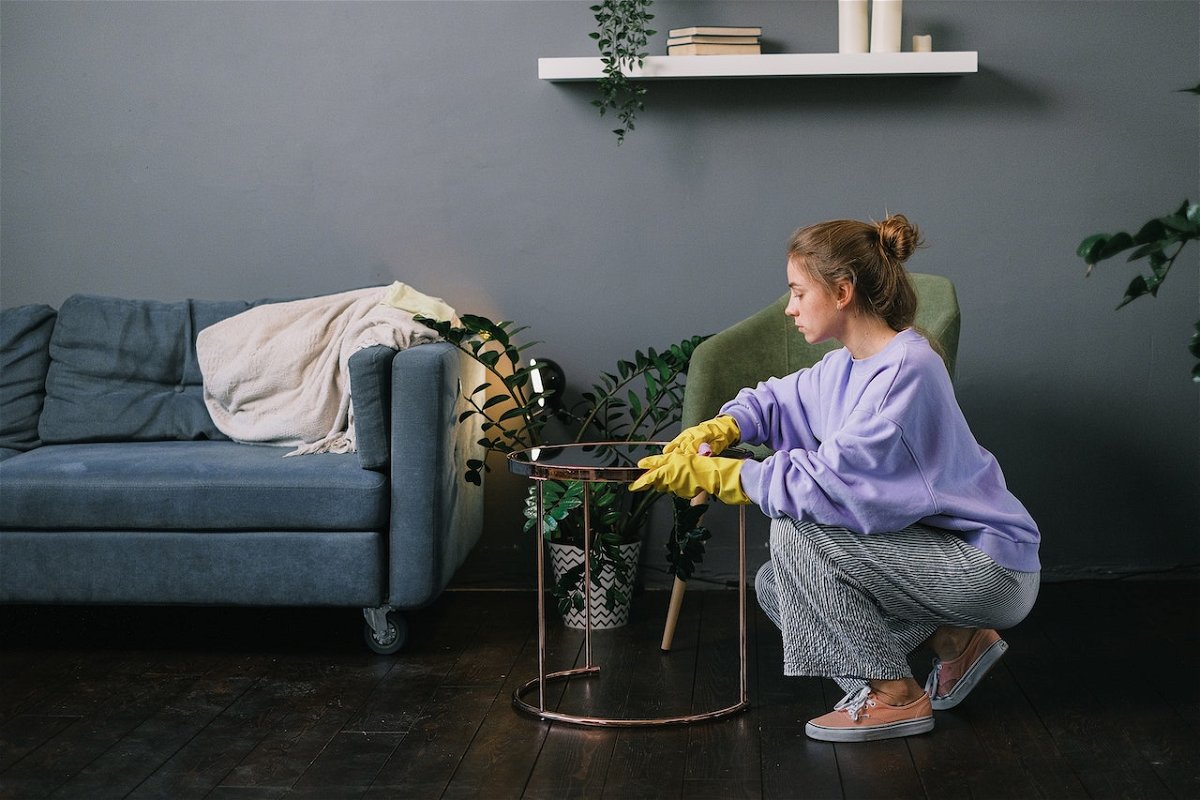 A woman cleaning stylish living room in apartment
