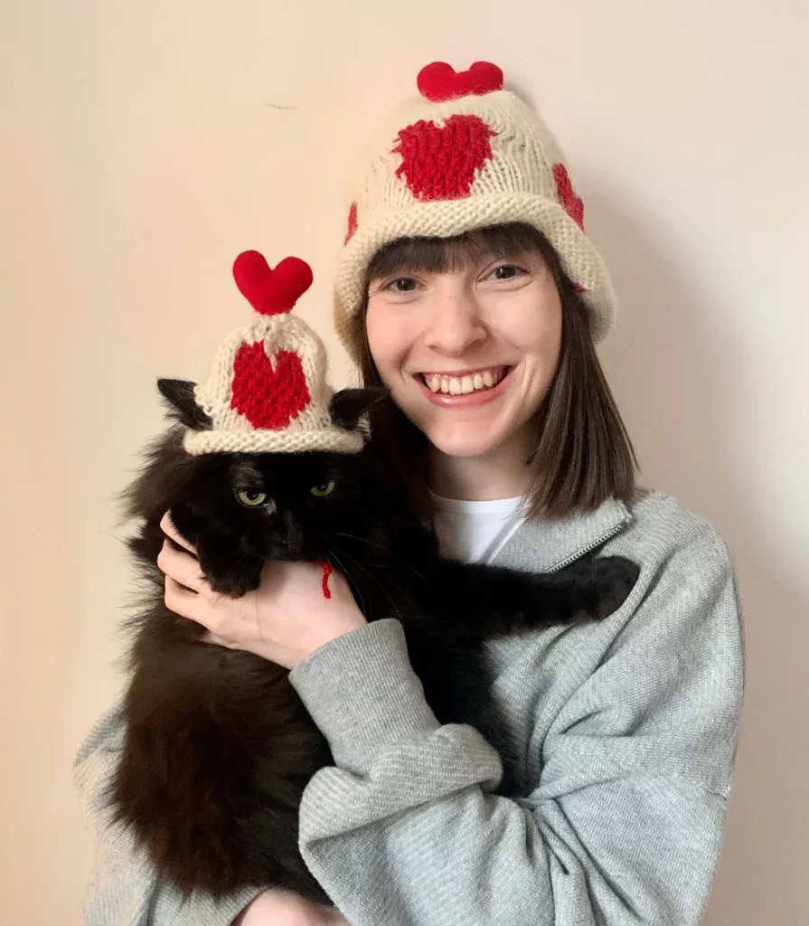 Hand Knitted Valentine's Cat Hat with matching Hat for Owner