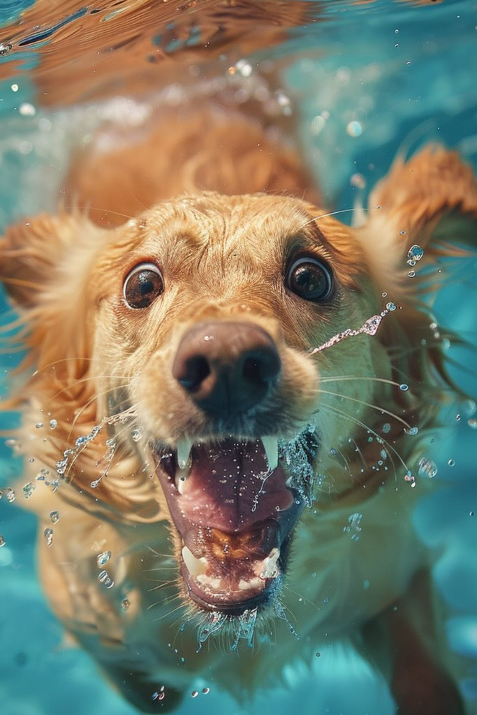 A close up shot of a brown dog swimming in a pool
