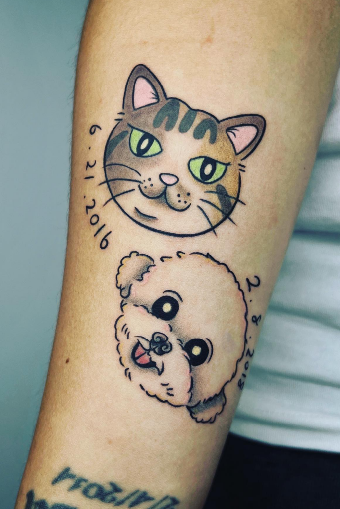 Two detailed pet face tattoos on a leg, each with their birth date in a stylized script.
