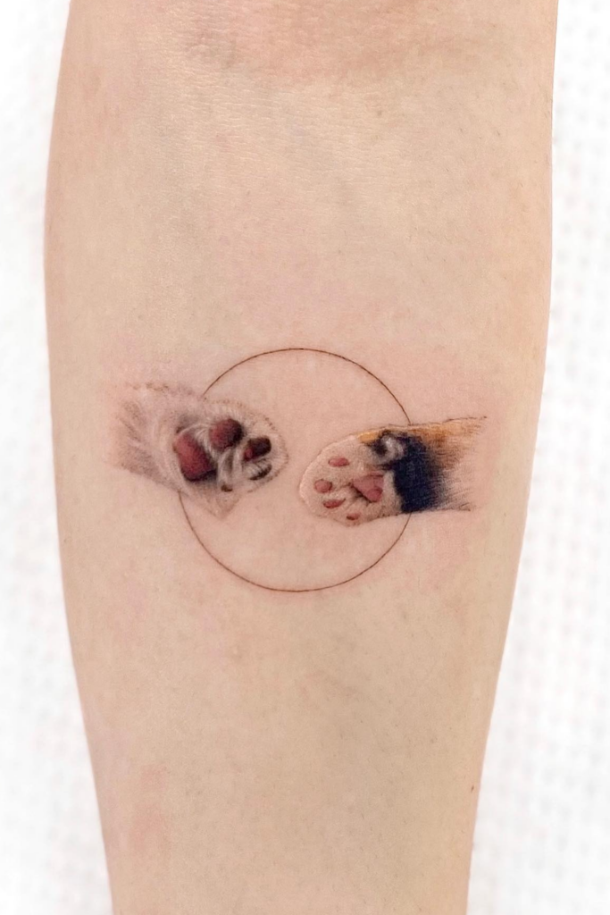 Tattoo of a cat paw with soft pad detail on an arm