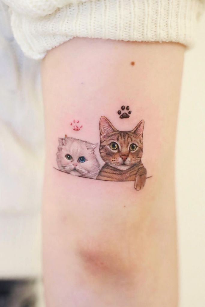Arm tattoo featuring two cat faces with paw prints above each