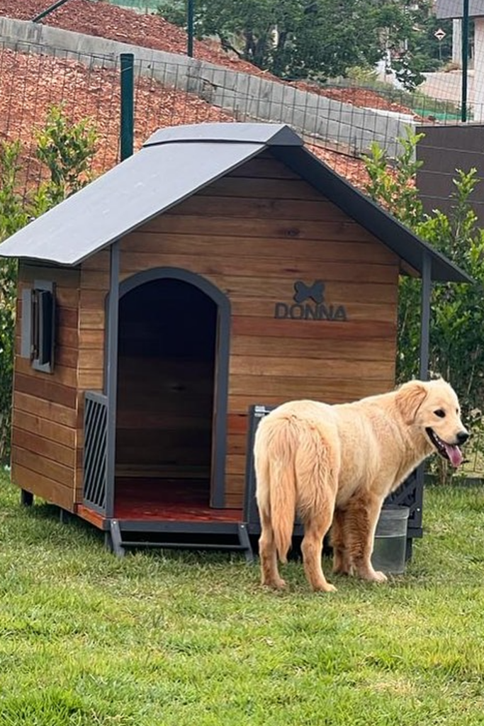 A small wooden dog house painted brown with a black roof. The text 'DONNA' is written in red above the door and the dog stands outside.