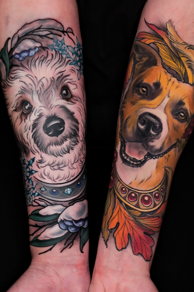 Vibrant watercolor tattoos of dogs on each arm